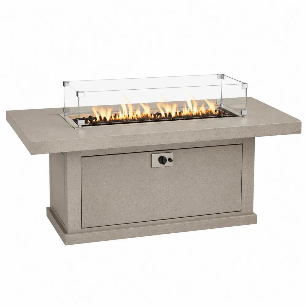 Table brasero à gaz rectangulaire 120 x 70 x 63 cm béton fibré gris pare-vent en verre trempé