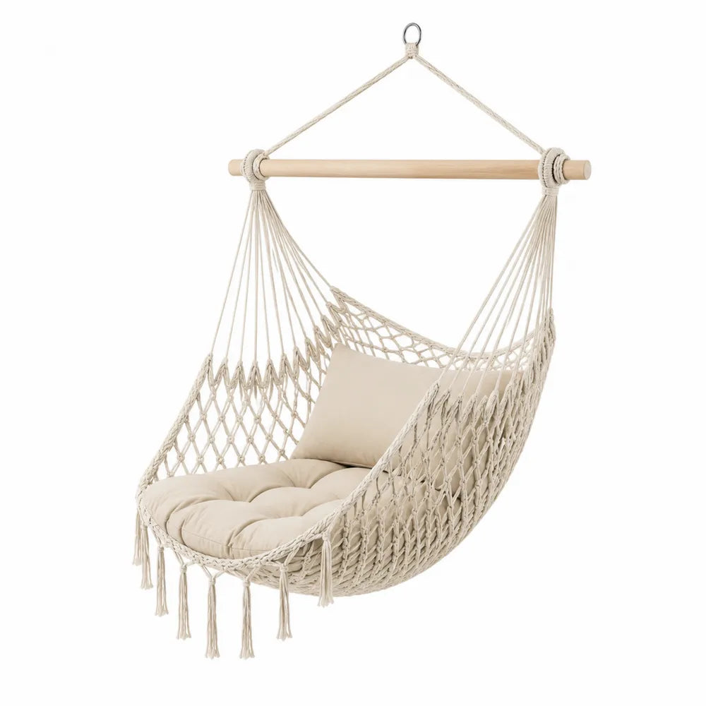 Chaise hamac suspendue 1 place en macramé avec coussin écru et barre en bois naturel