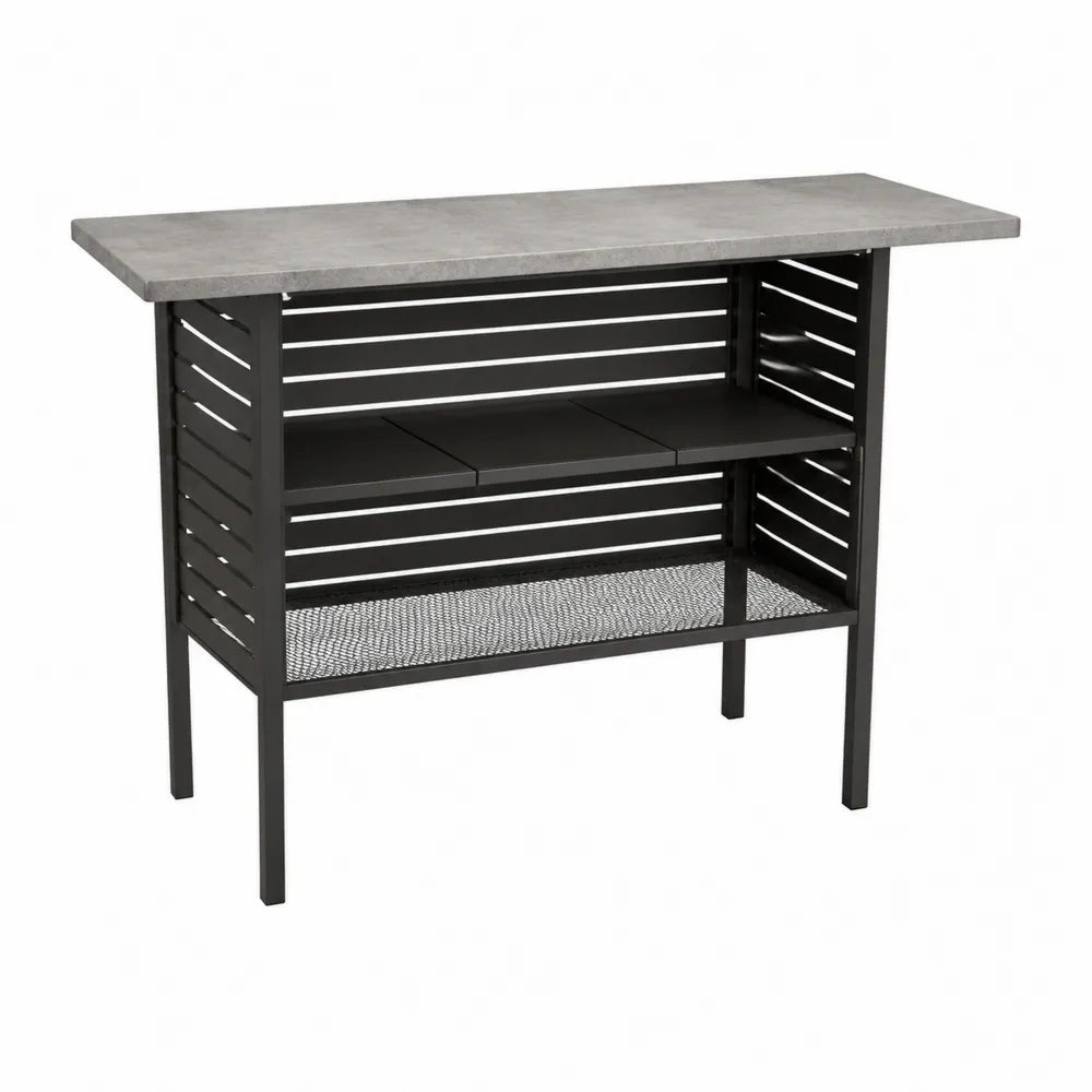 Table de service de jardin rectangulaire 110 x 45 x 85 cm plateau effet béton structure acier noir étagères de rangement