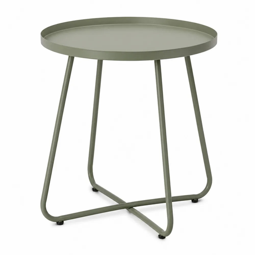 Table d’appoint de jardin ronde Ø50 x 52 cm acier peint vert sauge plateau à rebord