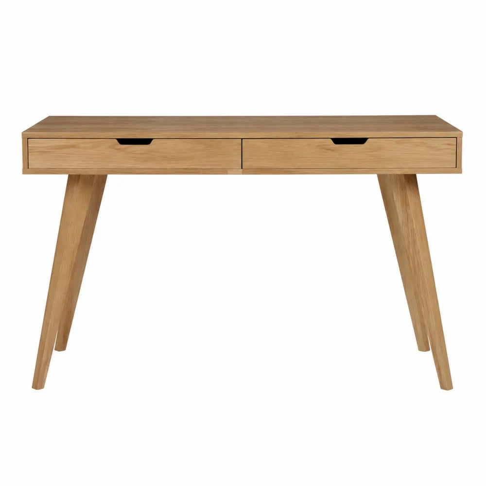 Bureau rectangulaire en MDF plaqué chêne naturel avec 2 tiroirs et pieds en bois d'hévéa 120 cm x 50 cm x 76 cm