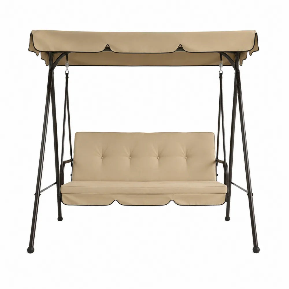 Balancelle de jardin 3 places avec auvent structure acier noir coussins polyester beige assise suspendue