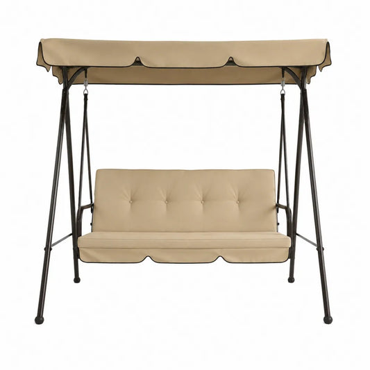 Balancelle de jardin 3 places avec auvent structure acier noir coussins polyester beige assise suspendue
