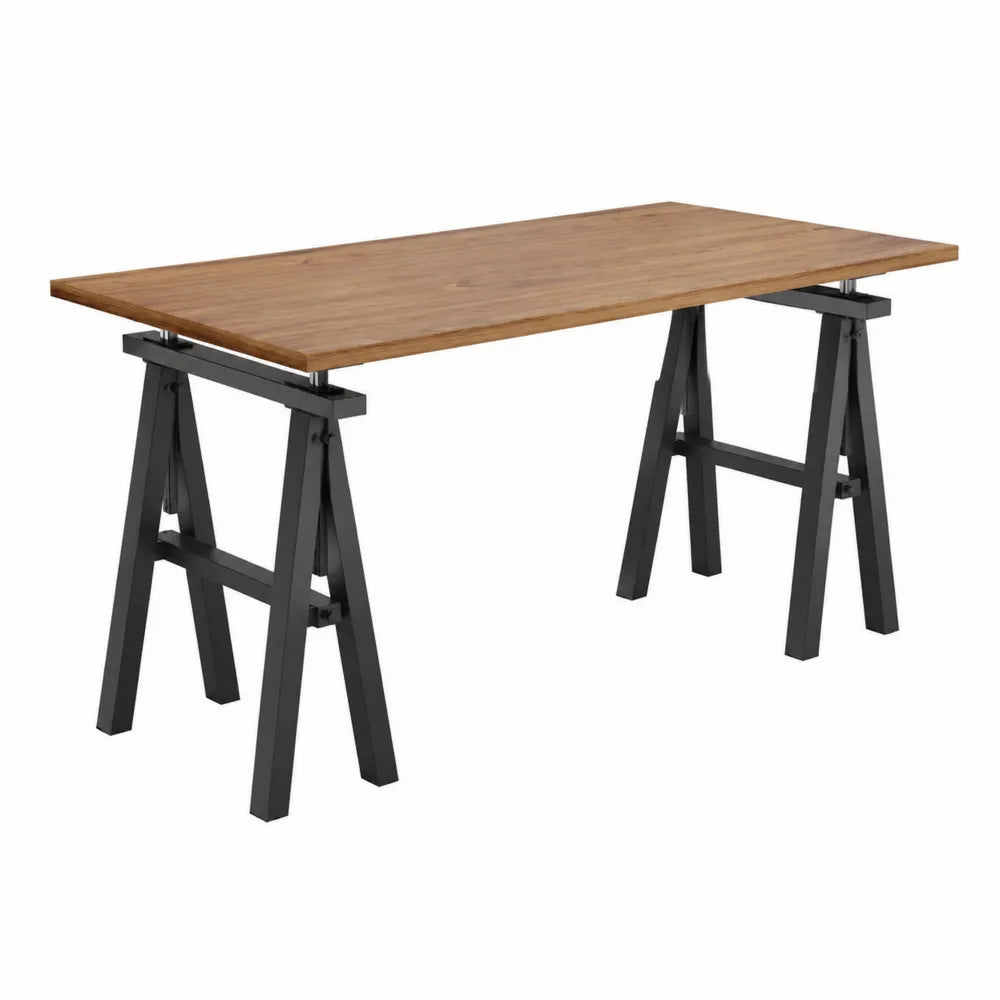Bureau réglable tréteaux plateau rectangulaire en MDF plaqué chêne et acier noir 140 cm x 70 cm hauteur réglable 72 cm à 92 cm