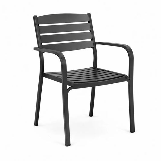 Chaise de jardin en acier peint noir avec accoudoirs dossier et assise à lattes