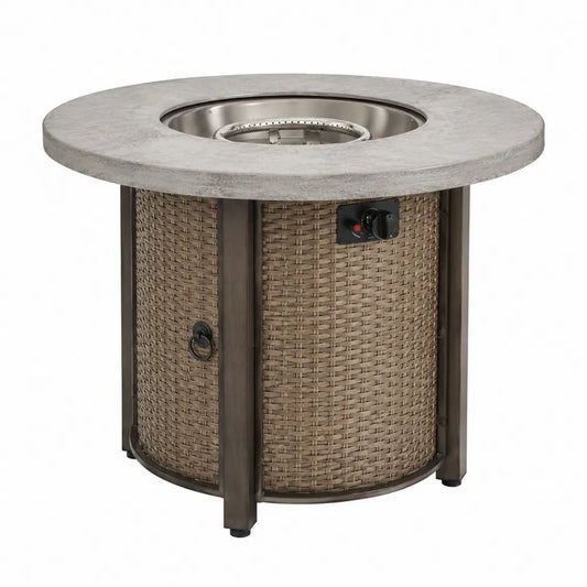 Table brasero à gaz ronde Ø90 x 64 cm plateau béton fibré GFRC gris base en résine tressée beige brûleur inox