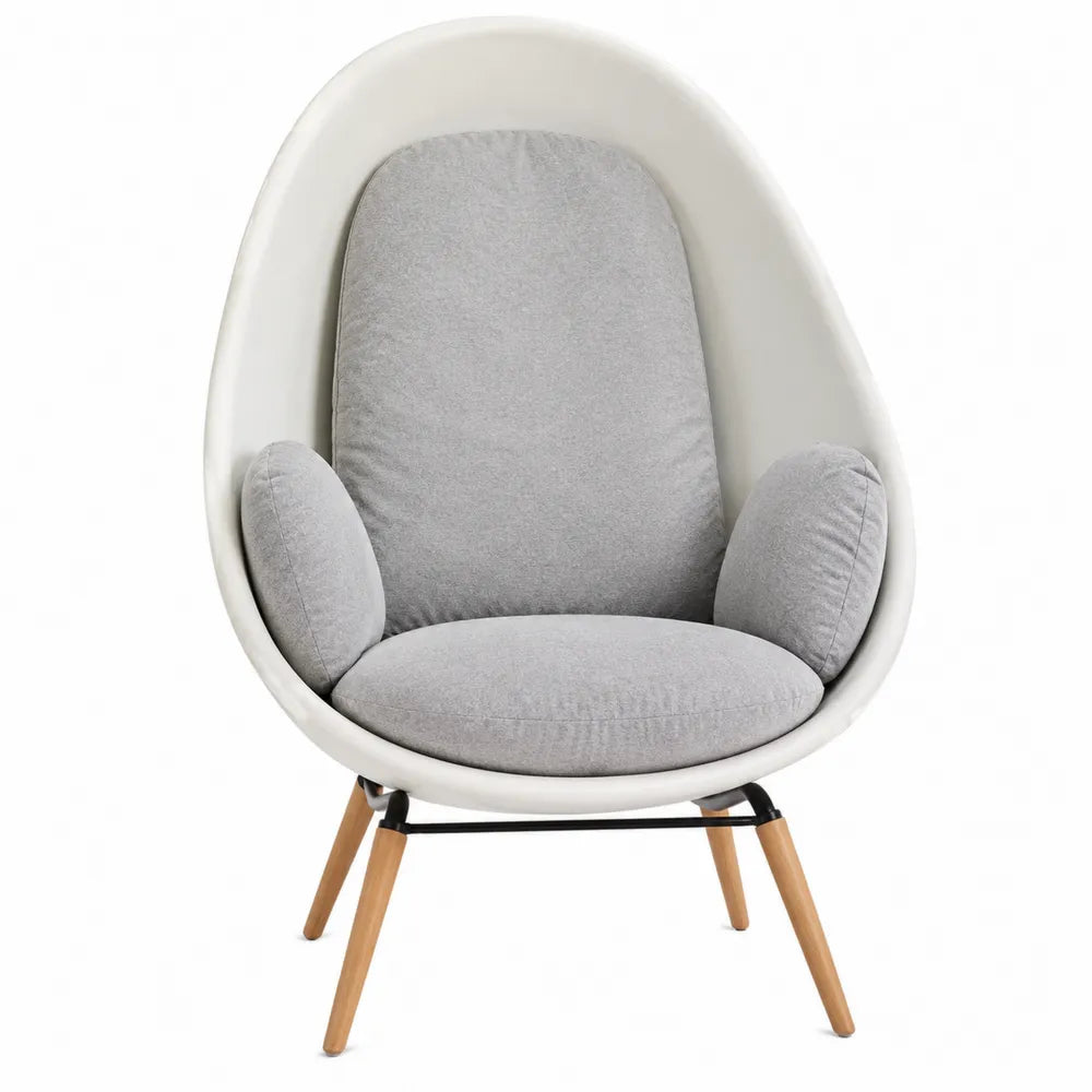 Fauteuil de jardin enveloppant 82 x 78 x 115 cm coque polypropylène blanc ivoire coussins polyester gris pieds en bois de hêtre