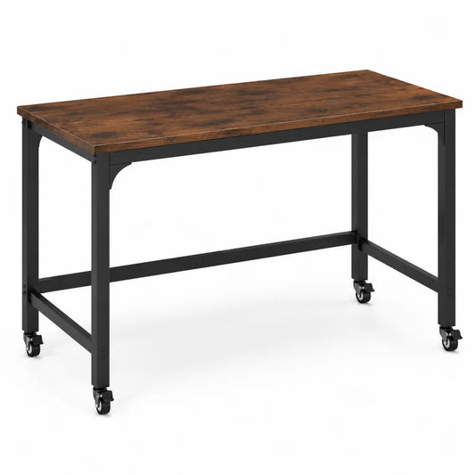 Bureau rectangulaire mobile avec plateau en bois et structure en acier noir 120 x 60 x 75 cm avec roulettes