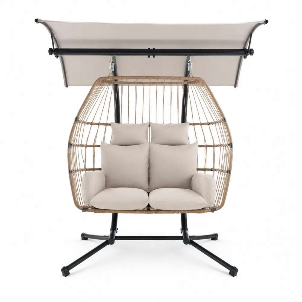 Balancelle de jardin suspendue 2 places 170 x 120 x 200 cm environ résine tressée PE beige acier noir auvent polyester