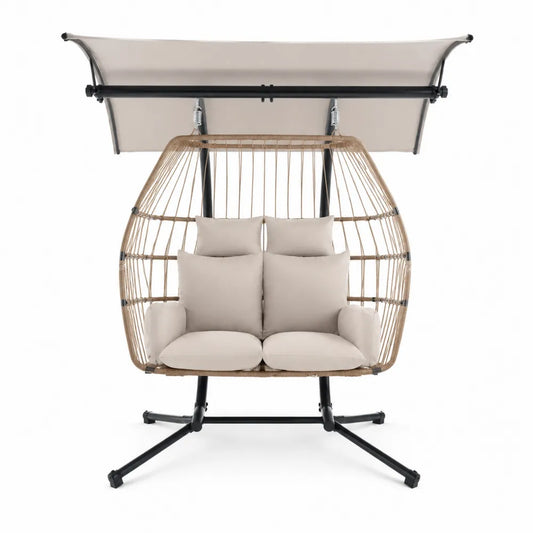 Balancelle de jardin suspendue 2 places 170 x 120 x 200 cm environ résine tressée PE beige acier noir auvent polyester