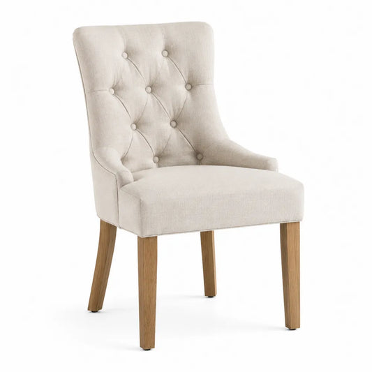 Chaise de salle à manger capitonnée 52 x 60 x 90 cm en polyester beige et bois d’hévéa naturel