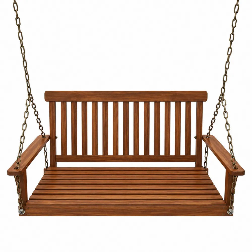 Banc balançoire suspendu 2 places en acacia massif bois naturel chaînes acier bronze 150 x 65 x 60 cm