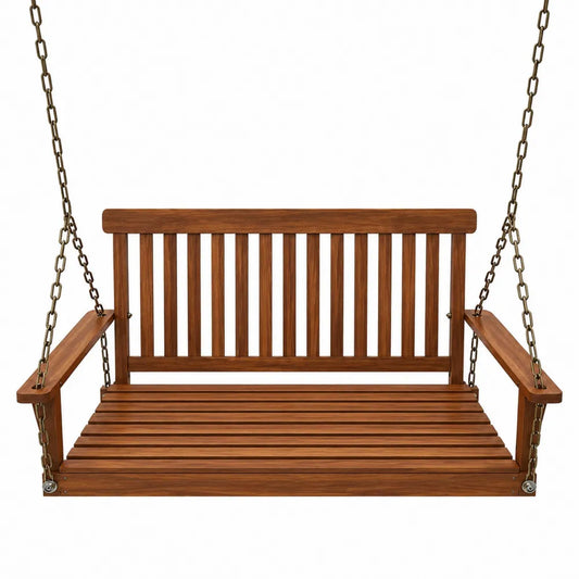Banc balançoire suspendu 2 places en acacia massif bois naturel chaînes acier bronze 150 x 65 x 60 cm