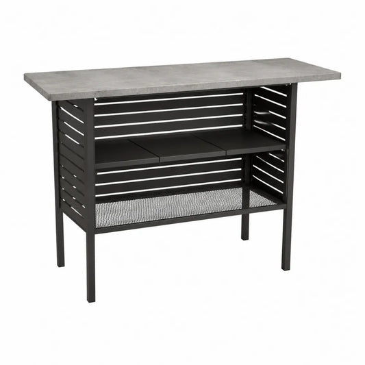 Table de service de jardin rectangulaire 110 x 45 x 85 cm plateau effet béton structure acier noir étagères de rangement