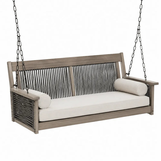 Banc suspendu de jardin 3 places 160 x 70 x 65 cm bois d’acacia massif gris cordage polypropylène gris foncé coussins écru chaînes acier noir