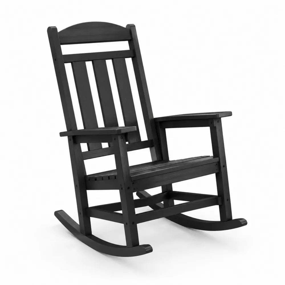 Fauteuil à bascule de jardin 1 place 68 x 86 x 112 cm bois d’acacia massif peint noir à lattes accoudoirs