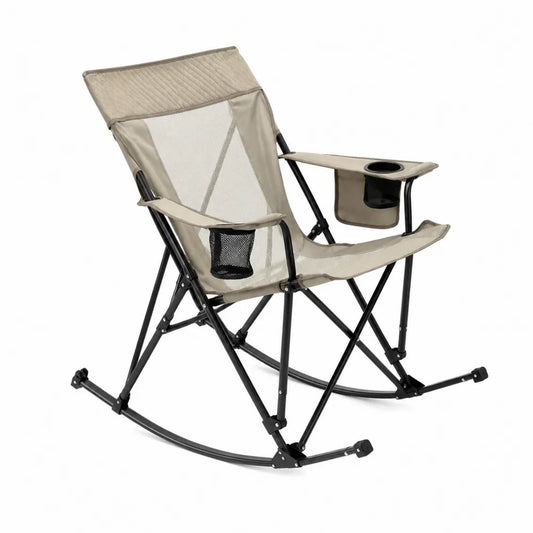 Fauteuil à bascule pliant de jardin 1 place acier toile polyester beige porte-gobelet 95 x 65 x 105 cm
