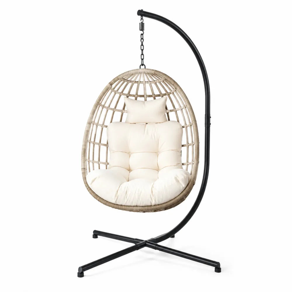 Fauteuil suspendu œuf avec support sur pied en acier noir et résine tressée naturelle avec coussins écru 95 x 95 x 195 cm