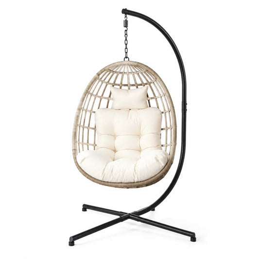 Fauteuil suspendu œuf avec support sur pied en acier noir et résine tressée naturelle avec coussins écru 95 x 95 x 195 cm