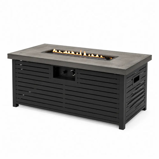 Table brasero à gaz rectangulaire 132 x 70 x 63 cm plateau effet béton gris structure acier noir foyer central