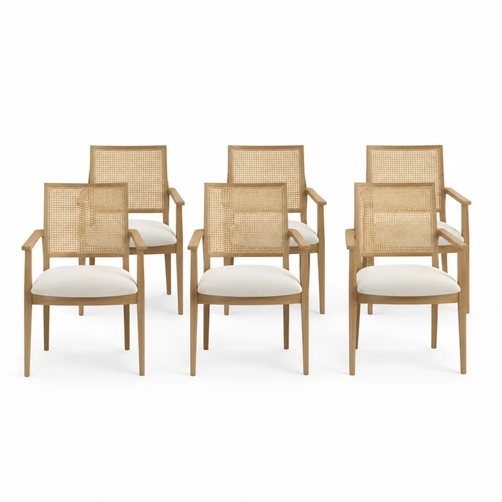 Lot de 6 chaises de salle à manger en bois massif avec dossier en cannage rotin et coussin écru 52 x 56 x 82 cm