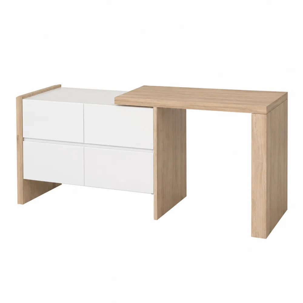 Bureau d’angle en L avec caisson de rangement et tiroirs en MDF mélaminé chêne clair et blanc 160 cm