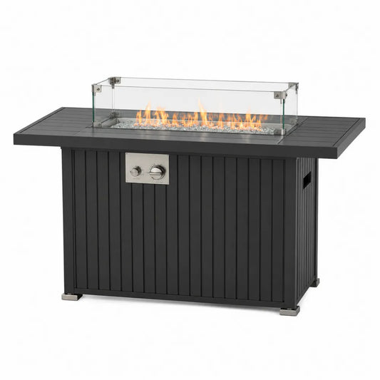 Table brasero à gaz rectangulaire avec pare-vent en verre trempé structure acier noir brûleur inox