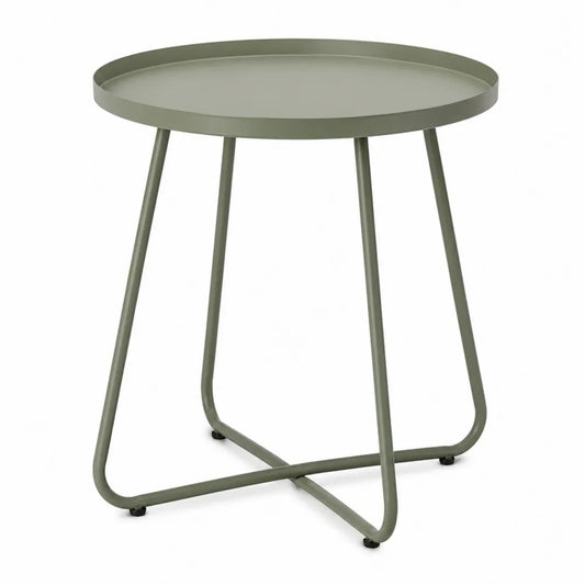 Table d’appoint de jardin ronde Ø50 x 52 cm acier peint vert sauge plateau à rebord