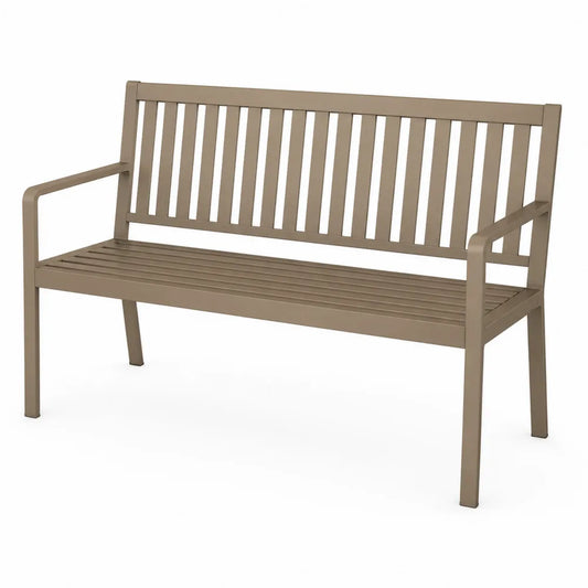 Banc de jardin 2 places 127 x 60 x 85 cm acier thermolaqué taupe avec accoudoirs et dossier à lattes