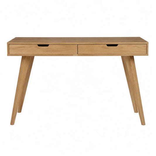 Bureau rectangulaire en MDF plaqué chêne naturel avec 2 tiroirs et pieds en bois d'hévéa 120 cm x 50 cm x 76 cm