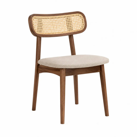 Chaise de salle à manger en bois d'hévéa massif brun noyer dossier cannage rotin assise polyester beige 50 cm x 55 cm x 80 cm