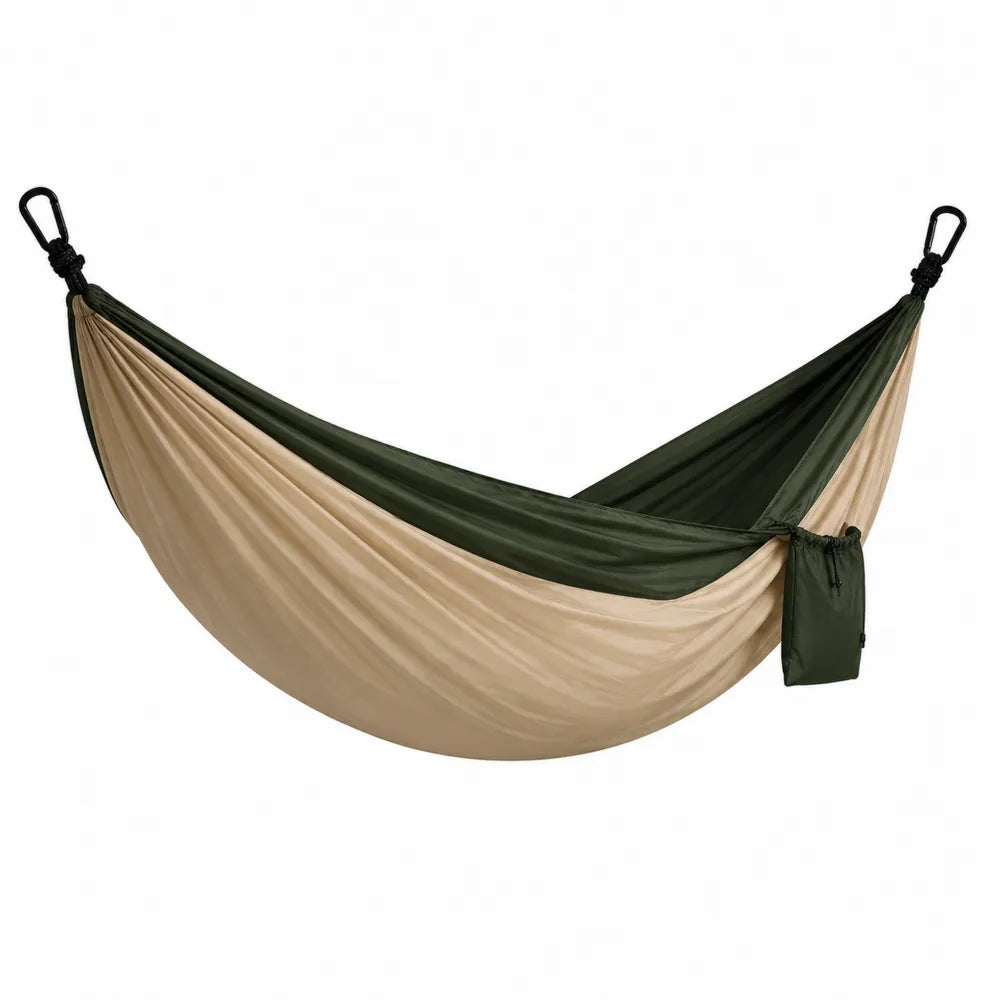 Hamac suspendu 270 x 140 cm en tissu polyester vert kaki et beige avec mousquetons noirs