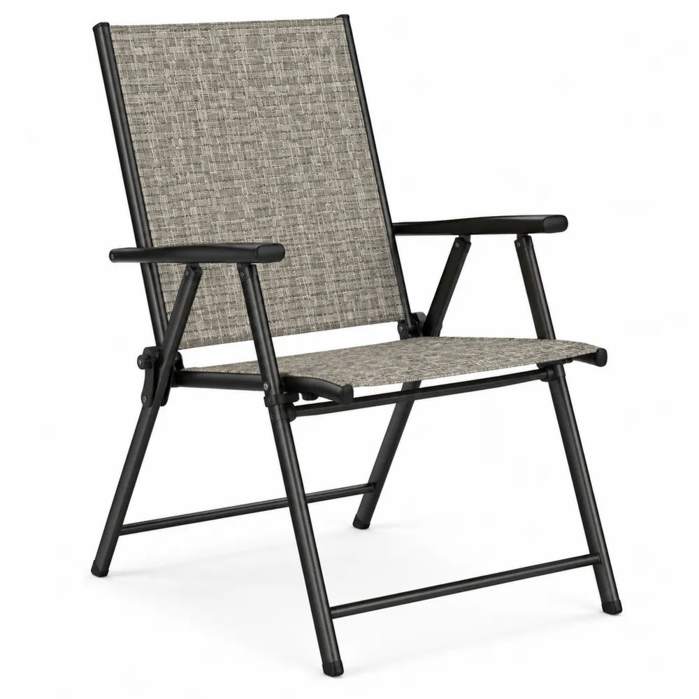 Chaise de jardin pliante avec accoudoirs en acier thermolaqué noir et textilène gris 58 x 68 x 92 cm